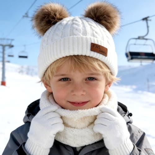 kids Hat Scarf Gloves Set, Knit Thick Warm Three-Piece Sets, Thermal Knitted Beanie Hat Snood Neck Warmer Mitten, Winter Warm Set Essential for Children （White） — view 6