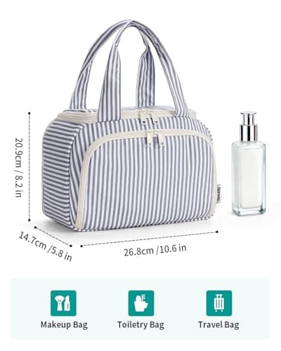 Narwey Large Toiletry Bag for Women, Travel Wash Bag Women for Full Size Toiletries, Wide Open Toiletries Bag Makeup Cosmetic Organizer Bag for Essentials Accessories (Greyish Blue Stripe) — view 5