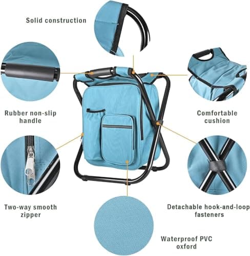 Kikerike Backpack Stool Cooler Chair Heavy Duty 300 LBS Max Load Portable Lightweight Folding Fishing Cooler for Camping Hunting Fishing - Sky Blue — view 5