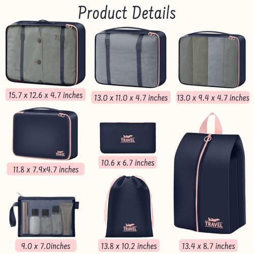 MOFELON 8PCS Packing Cubes for Suitcase, Travel Luggage Organisers for Backpack, Waterproof Suitcase Organiser Bags, Travel Essentials Accessories - Navy Blue Pink — view 2