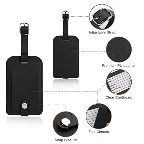 Flintronic 2 Pcs Luggage Tags, Leather Baggage Labels, Suitcase Name ID Card Tag Set, Leather Tags Travel Handbag Accessories for Preventing Loss of Bags(Black) — view 4