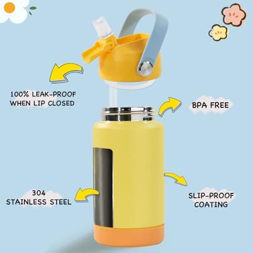 Fijinhom Kids Water Bottle, 360ml/12oz, Stainless Steel Insulated Water Bottle with Straw, Vacuum Leakproof, Kids Water Bottles for School Boys Girls,BPA Free,Twilight Green + Soft Coral 2 Piece Set — view 3