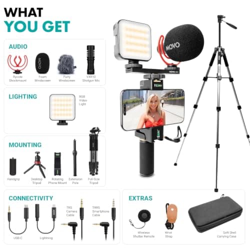 Movo iVlogger-PRO Vlogging Kit with Full Tripod for iPhone/Android - YouTube Starter Kit for Content Creators - Accessories: Phone Tripod, Phone Mount, RGB Light and VXR10 Shotgun Mic — view 3