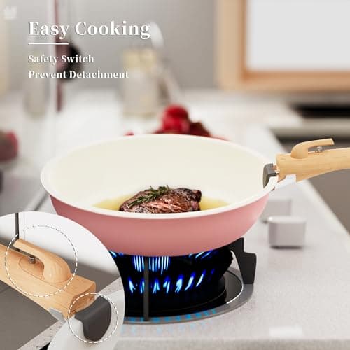 ShanSon 6 Pieces Kitchen Non-Stick Cookware Sets with Removable Handle, Stackable Pots and Pans Set Nonstick for Induction Gas RVs Camping Space Saving，Pink — view 3