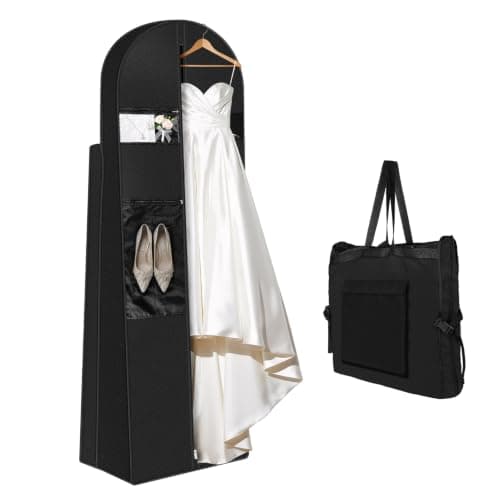 72" Wedding Dress Garment Bag - Long Dress Cover Dustproof Foldable Dress Carrier Travel Bag with Large Mesh Pockets & PVC Transparent Window for Evening Gown Suit Clothes,Black