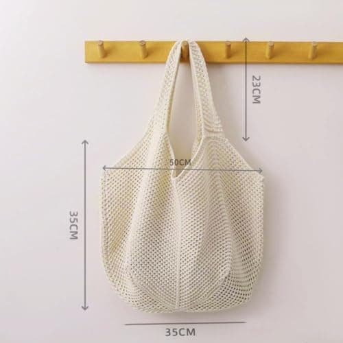 Aucuu Women Knitted Handbags, Retro Hollow Woven Shoulder Bags, Boho Shoulder Bag, Crochet Mesh Tote Bag, Beach Bag for Women, Travel Shopping Handbag for Holiday, Daily Work, Shopping, Travel-White — view 4