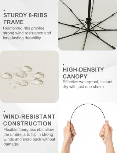 RusuiQinsan Compact Umbrella, Windproof Strong, Folding Travel Umberella, Pocket Sun Umbrella for Men & Women(Cream) — view 3