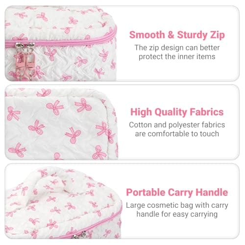Mulaibdin 4 Pcs Makeup Bag, Coquette Cosmetic Bags for Women & Girls, Cute Skincare Bag for Travel, Portable Bow Make Up Bag Set, Quilted Toiletry Bags Cotton for Birthday Gifts (Pink+White) — view 3