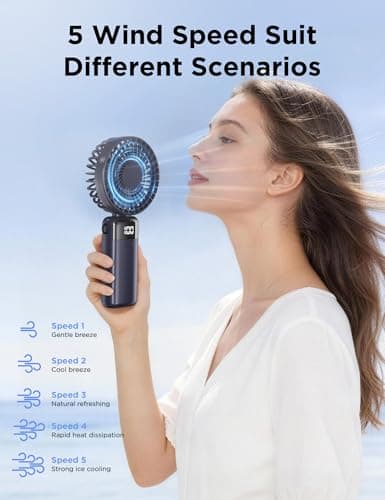 SHAWE Portable Handheld Fan, Hand Held Mini USB Rechargeable Fans with 5 Speeds, LED Display, Foldable Desk Fan Personal Small Desktop Fans for Home Office Bedroom Outdoor Travel — view 2