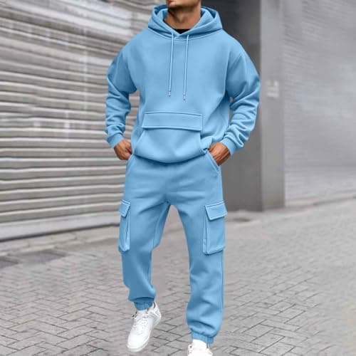Mens Sweatsuit 2 Piece Set Pullover Hoodie Cargo Joggers Mens Tracksuit Jogging Suit Gym Workout Loungewear workout sets for men UK for city breaks Light Blue L — view 2