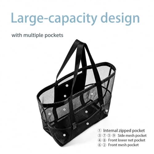 Large Mesh Beach Bag for Women and Men Tote Bag with 8 Pockets for Towels toiletries slippers cups and toys,Beach Essentials Ideal for Swimming Pool Vacation and Travel Lightweight Foldable (Black L) — view 4