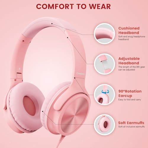 Cowyawn USB C Headphones Wired, Over Ear Headphones with Microphone, Volume Control, HD Stereo Sound, Foldable Lightweight Headphones for Adult/Teens/Chromebooks/Laptop/Computer/Tablets/Travel (Pink) — view 3