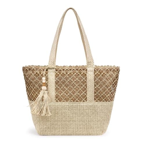 Aucuu Straw Beach Tote Bag Women, Straw Woven Beach Shoulder Bags, Handwoven Straw Handbag with Zipper, Straw Handbags for Women, Summer Beach Bag Tote Bag for Holiday Travel Pool Daily