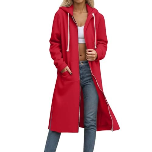 Long Hoodies for Women UK Oversized Full Zip Jacket Side Slit Baggy Hooded Sweatshirt Casual Long Sleeve Warm Fleece Hoodie Longline Coats Solid Color Loose Cardigan Ladies Pullover Jumper with Pocket