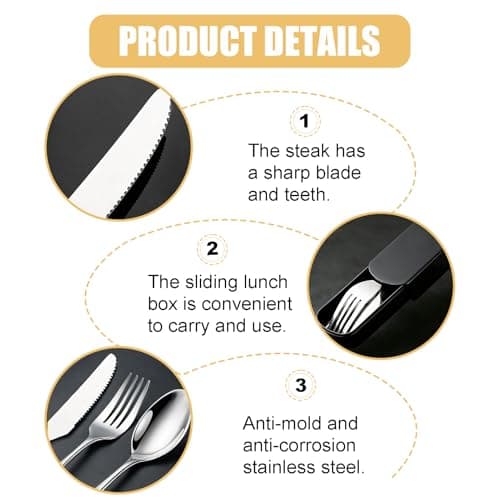 Cutlery Set with Case, Travel Cutlery Set for 1, Reusable Stainless Steel, Lunch Utensils with Fork Spoon Knife for Camping, Picnic School Office Flatware Set Mirror Polished Dishwasher Safe 3 PCS — view 3