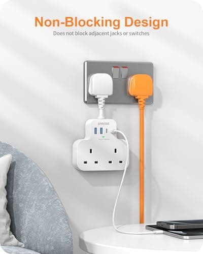 Multi Plug Extension Socket with 4 USB Ports, ANVODE 2 Way Plug Adaptor with Flexible Cable, Short Extension Lead Double Adapter Plug UK for Bedroom, Office, Kitchen. White — view 5