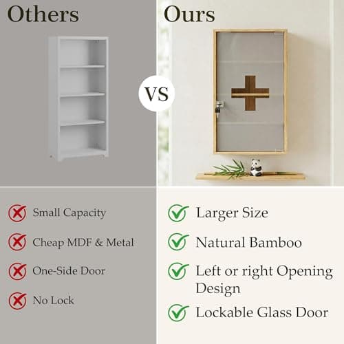 HEYZOEY Bamboo Medicine Cabinet with Lock, Wall Mounted Bathroom Storage Cabinet, Wooden Medicine Organiser for First Aid & Medicine Storage, Adjustable Shelves — view 5