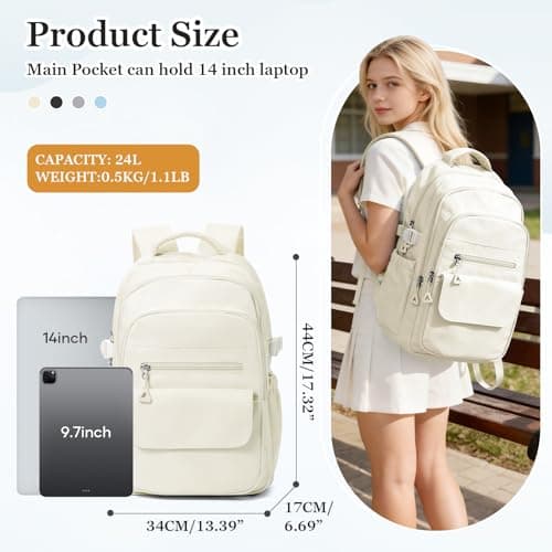 WEPOET Multi Pocket Backpack For School Womens Men, Waterproof Book bag Secondary For Girls Boys, Lightweight Large Capacity Rucksack Casual School Bags(Beige) — view 2
