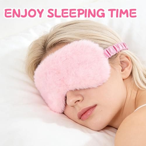 2 Pcs Plush Eye Mask, Soft Sleeping Blindfold Eye Cover Comfortable Satin Back New Faux Fur Nap Eyes Cover Cute Fluffy Furry Sleeping Blindfold for Men Women Plane, Game, Travel Nap (Pink) — view 6