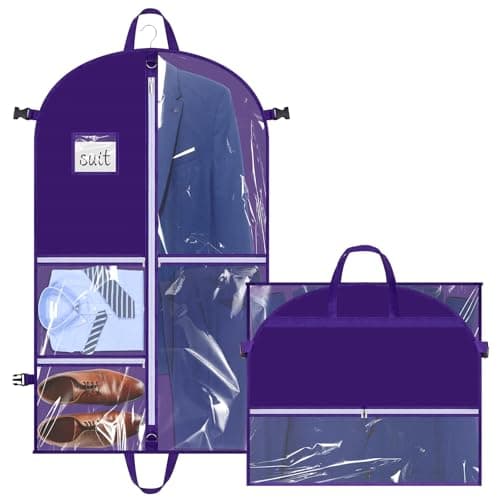 Hejo Dance Costume Bag with Compartments, 110×60cm Foldable Dance Costume Bag, Travel Garment Bag with 5 Clear Zipper Pockets, Waterproof Suit Cover, Suit Carrier for Coat Jacket Dress(Purple)