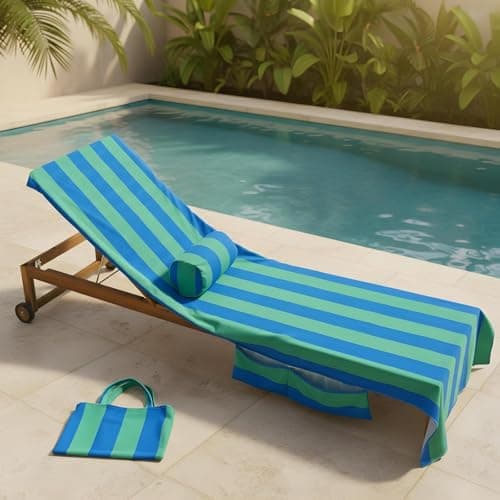 OHS Inflatable Travel Pillow Stripe Bolster Cushion, Gifts for Women Lightweight Compact Portable Back Support Pillow with Soft Microfibre Cover for Sun Loungers Poolside, Blue/Green - 36 x 16 x 16cm — view 5