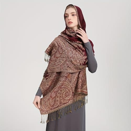 vimate Rave Pashmina Shawls and Wraps-Soft Silky Burgundy Jacquard Evening Paisley Pashmina Scarves for Women Winter(UK-Style 2-Burgundy) — view 5
