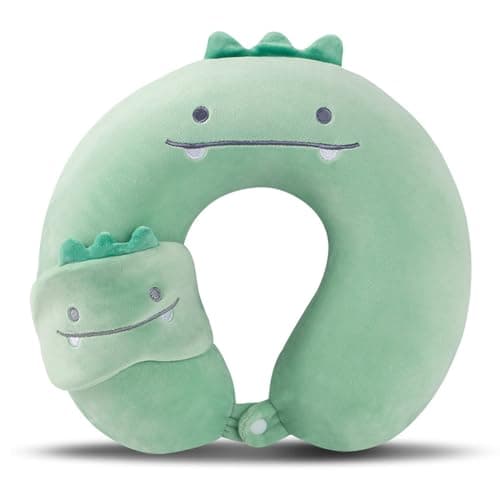 Travel Pillow Kids Travel Pillow with Sleep Eye Mask Cute Neck Pillow for Travel Soft Memory Foam Travel Neck Pillow for Adults and Kids Airplane Sleeping Travel and Camping (green dinosaur)