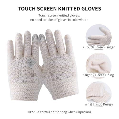 Lancry Winter Hat Scarf And Gloves Set Kids, Warm Thermal Girls Boys Hat Scarf Gloves Set Knitted Beanie Cap Snood Neck Warmer Touchscreen Mitten with Soft Fleece Lining For Kids Age 4-10 (Off-white) — view 4
