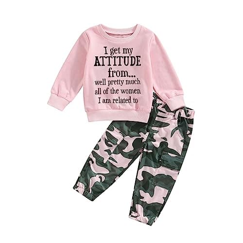 WWAYBEI Toddler Girls Clothes 1-6 Years Spring Fall Outfits Baby Letter Long Sleeve Pullover Sweatshirt Camouflage Pants Set (A# Pink, 4-5 Years)