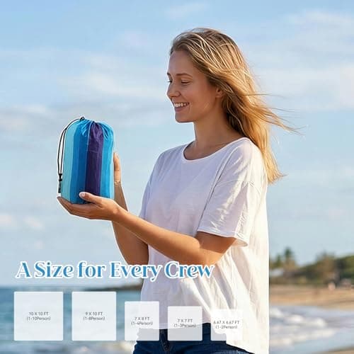 Beach Blanket Sandproof Waterproof,274 x 305 cm Extra-Large Beach Mat with Stakes &Travel Bag,Lightweight,Quick Dry,Portable Picnic Mat Beach Essentials for Outdoors,Cruise,Picnic &Camping,Blue Stripe — view 6