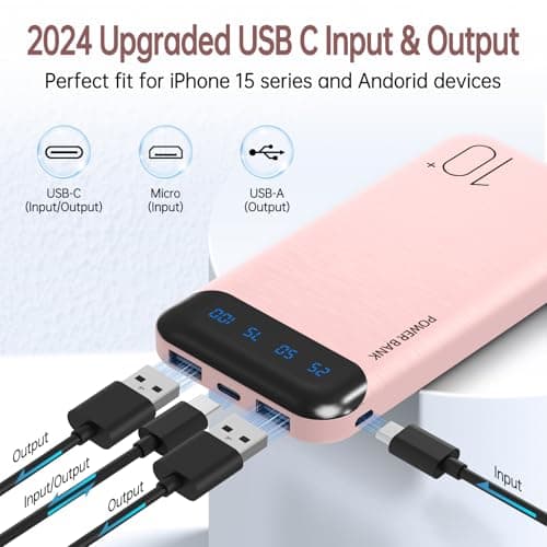 Portable Charger 10000mAh Slim USB C Input and Output Power Bank with LED Display Lightweight External Battery Pack Compatible for iPhone 14/13/12, iPad, Samsung etc. (pink) — view 2