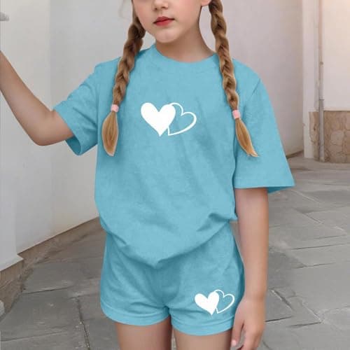 Girls 2 Piece Casual Shorts Set, Summer Short Sleeve Tshirt & Wide Leg Shorts Two Piece Outfits Loungewear Quick-Drying Outdoor Running Casual Wear Sky Blue 11 Years — view 5