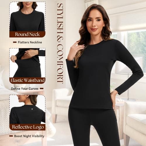 AMZSPORT Women's Thermal Underwear Set, Long Johns Fleece Base Layer, Winter Warm Long Sleeve Top & Soft Leggings for Ladies Black XL — view 3
