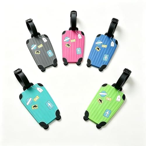 5 Pack Silicone Luggage Tags, Cute Cartoon Design Flexible Waterproof Baggage Tags with PVC Clear Window and Double Buckle, for Suitcases Backpacks Handbags - Holds Business Cards Student ID Bus Pass