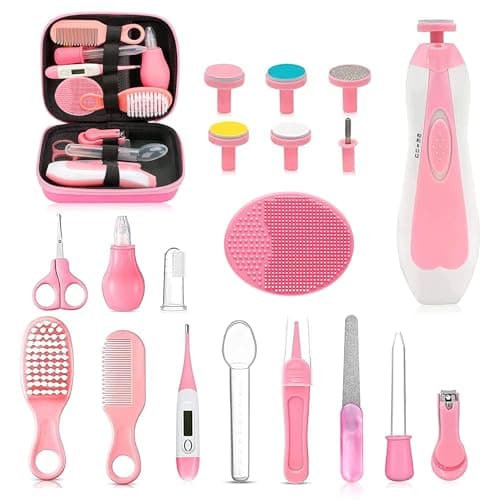 Baby Healthcare and Grooming Kit, 20 in 1 Portable Baby Safety Care Set with Hair Brush Comb Nasal Aspirator Electric Nail Trimmer Set Baby Essentials kit for Newborn Boys Girls (Pink)