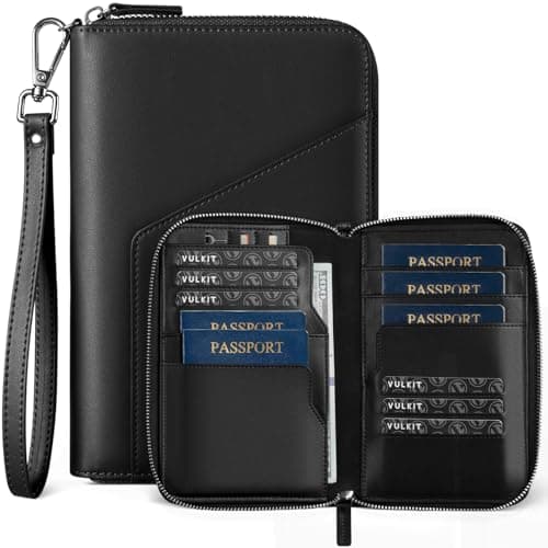 VULKIT Leather Passport Holder Family Travel Document Organizer with RFID Blocking Travel Wallet Slim Dual Slots SIM Card and Multiple Card Holders for Men and Women (Black)