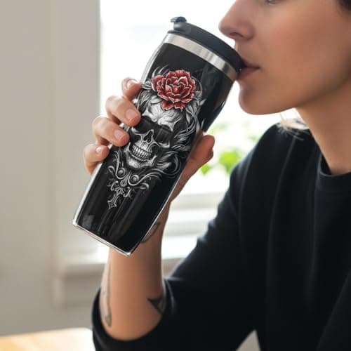Pixly® Skull & Rose Thermal Travel Mug Coffee Tea Flask, 400ml/14oz Capacity, Funny Joke Fun Gift for Him Her — view 4
