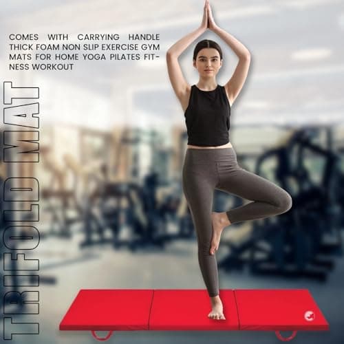 MAXSTRENGTH Tri Folding Exercise Mat – Extra Thick Non-Slip Foam Mat for Gymnastics, Yoga, Home Gym, Pet Wellbeing & Children’s Nurseries – Portable with Carry Handle (Red) — view 5