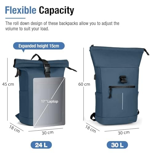 Lekeinchi Waterproof Laptop Backpack for Men and Women - Roll Top Design for School, Travel, Business, Work, and Camping(Blue) — view 3