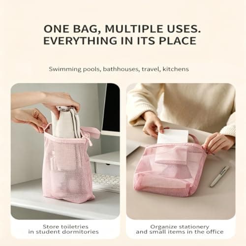 Mesh Toiletry Bags for Women, Shower Caddy Portable, Pink Mesh Shower Bag, Quick Dry Lightweight Camping Shower Bag with Reinforced Handle, Multi-Pocket Organizer Bag for Travel, Gym, Beach and Dorm — view 6