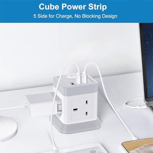 Extension Lead Cube with USB, BEVA 4 Way Power Strip with 3 USB Ports, Desktop Power Extension Socket with 1.5M Extension Cable Cords for Home Dorm Office Travel-WHITE — view 4