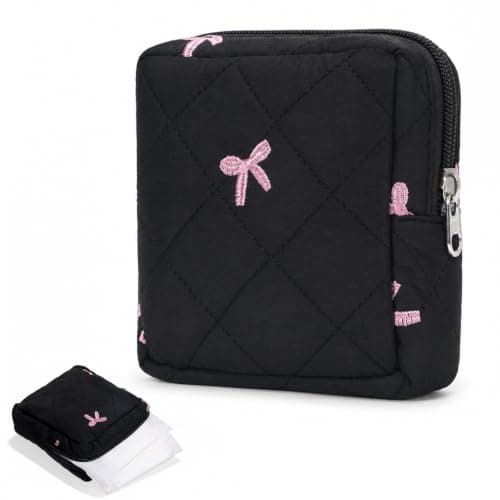Portable Sanitary Bags for Teen Girls, Quilted Sanitary Napkin Storage Bag Cute Bow Period Pouch for Pads Reusable Period Bags with Zipper Sanitarys Napkin Storage Pouch First Gift for Women(Black)