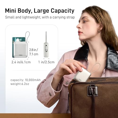 VINKO Small Power Bank with Built-in Cable,10000mAh Fast Charging Power Bank, 22.5W USB C Portable Charger, Mini Battery Pack for iPhone 16 15 14 13 Samsung Galaxy Google Android (White) — view 2