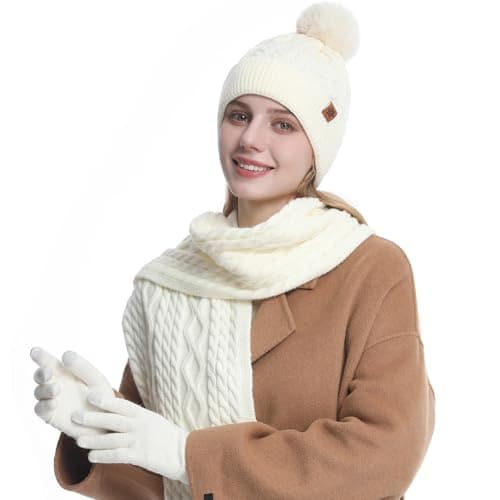 MAZELIKEHOOD Hat Scarf Gloves Set for Women 3Pcs Ladies Winter Warm Knitted Beanie Hat Scarf Neck Warmer Gloves 3 in 1 Cold Weather Set