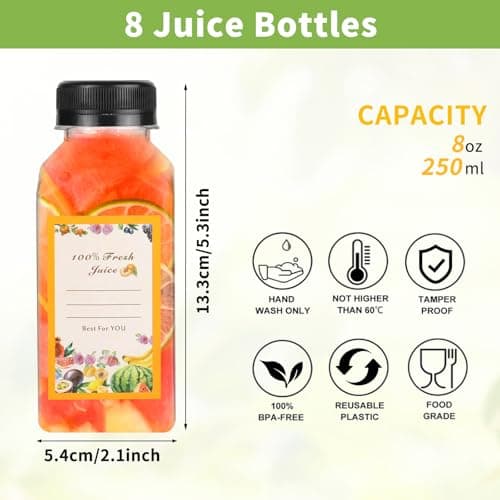 8pcs 250ml Juice Bottles with Lids 12 Stickers ＆ Cleaning Brush BPA-Free — view 2