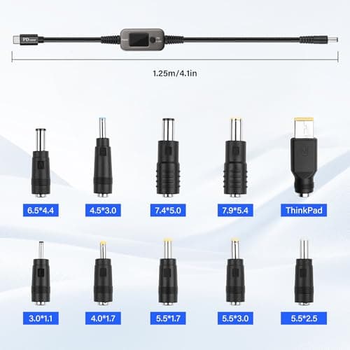 SinLoon PD to DC Converter Cable | 100W Adjustable Voltage (5V/9V/12V/15V/20V) Type-C Male to DC5521 Male | 10-in-1 Adapter Heads | 1.2m Black Braided Cable — view 5