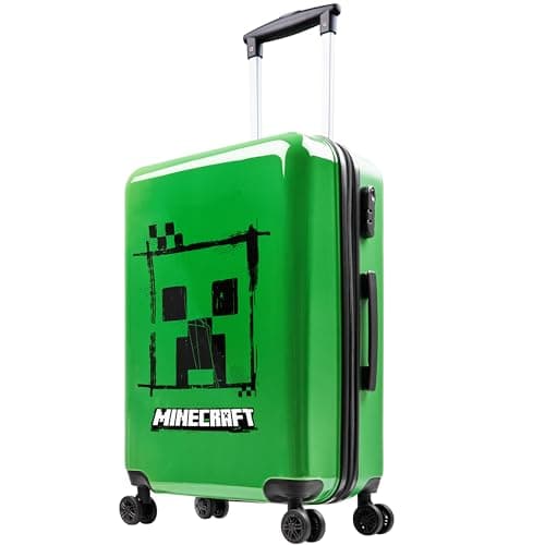 Minecraft Suitcase Kids Teens Creeper Hard Shell Luggage Travel Case 4 Wheels Handle Travel Essentials Holiday School Trips (Green, M/L66.5cm x W45.5-46L)