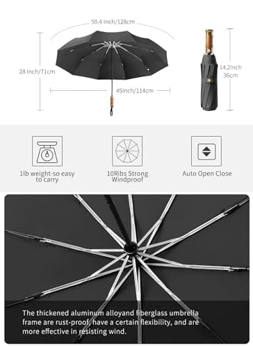 Rain Cats Folding Travel Windproof For Rain, 10 Ribs Automatic Compact for Backpack, Collapsible Umbrella for Men Women (Olive, 114cm) — view 6