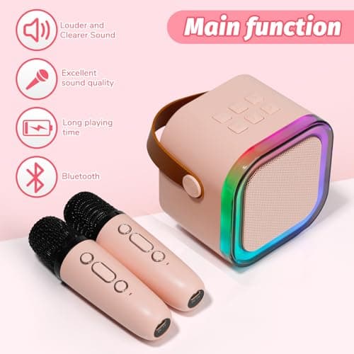 Mini Karaoke Machine for Kids Adults with 2 Wireless Microphones, Portable Singing Machine for Ages 3,4,5,6,7,8,9,10,11,12+ Years Old Girl Birthday Gift, Karaoke Speaker, Family,Home Party (Pink) — view 2