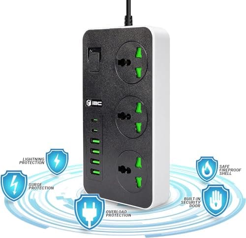 iBlockCube Universal Extension Lead with 6 USB Ports | 2 Meter Cable Power Strip Surge Protector, Wall Adapter Power Hub w/Switch | Fuse & Shutter, 3 Way Gang Socket Electrical, UK Plug (Black Gray) — view 5